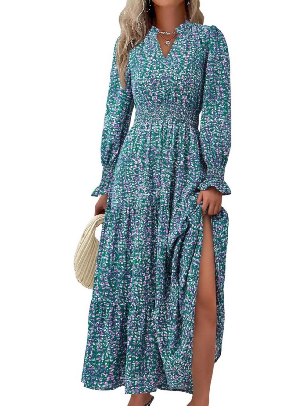PrettyGarden Women's Floral Purple Green V Neck A Line Flowy Maxi Long Dress